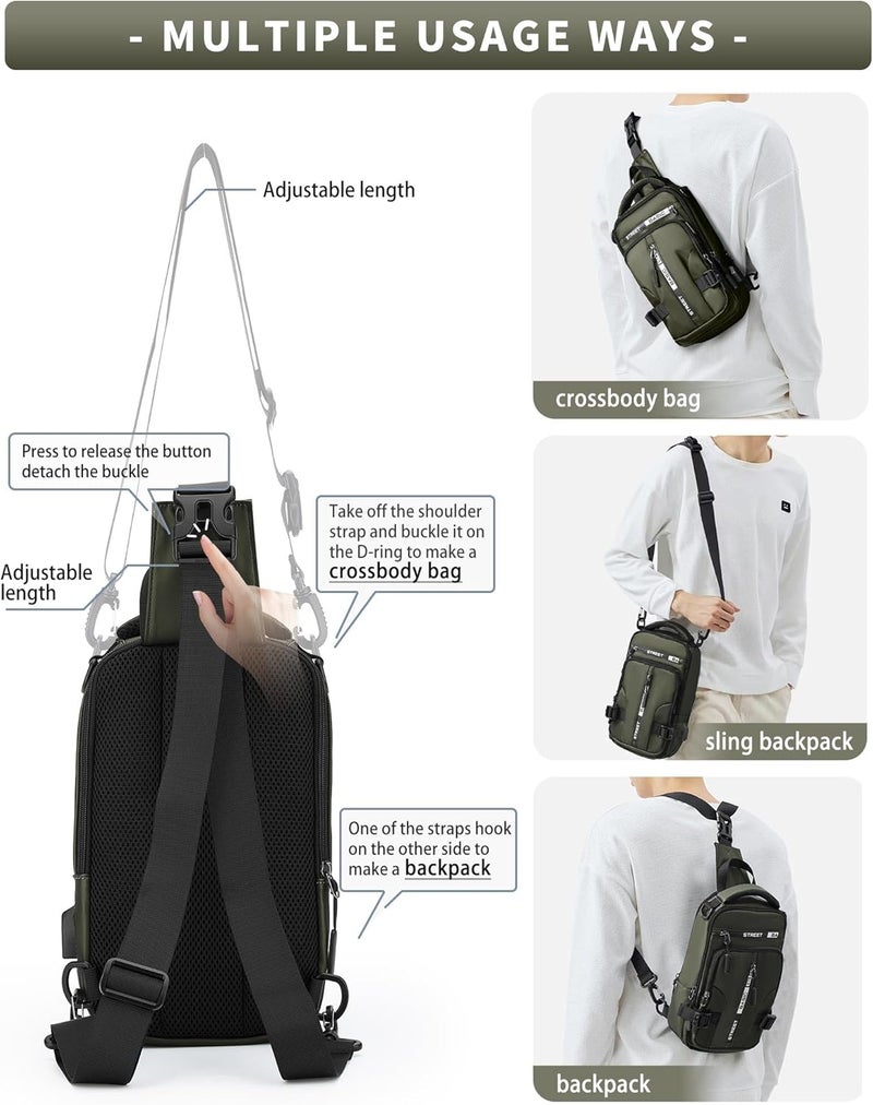 SEAFEW Small Sling Crossbody Backpack Shoulder Bag for Men, Lightweight One Strap Backpack Sling BacK pack for Hiking Walking Biking Travel Cycling USB Charger Port-Nylon (Olive Green) - Image 3
